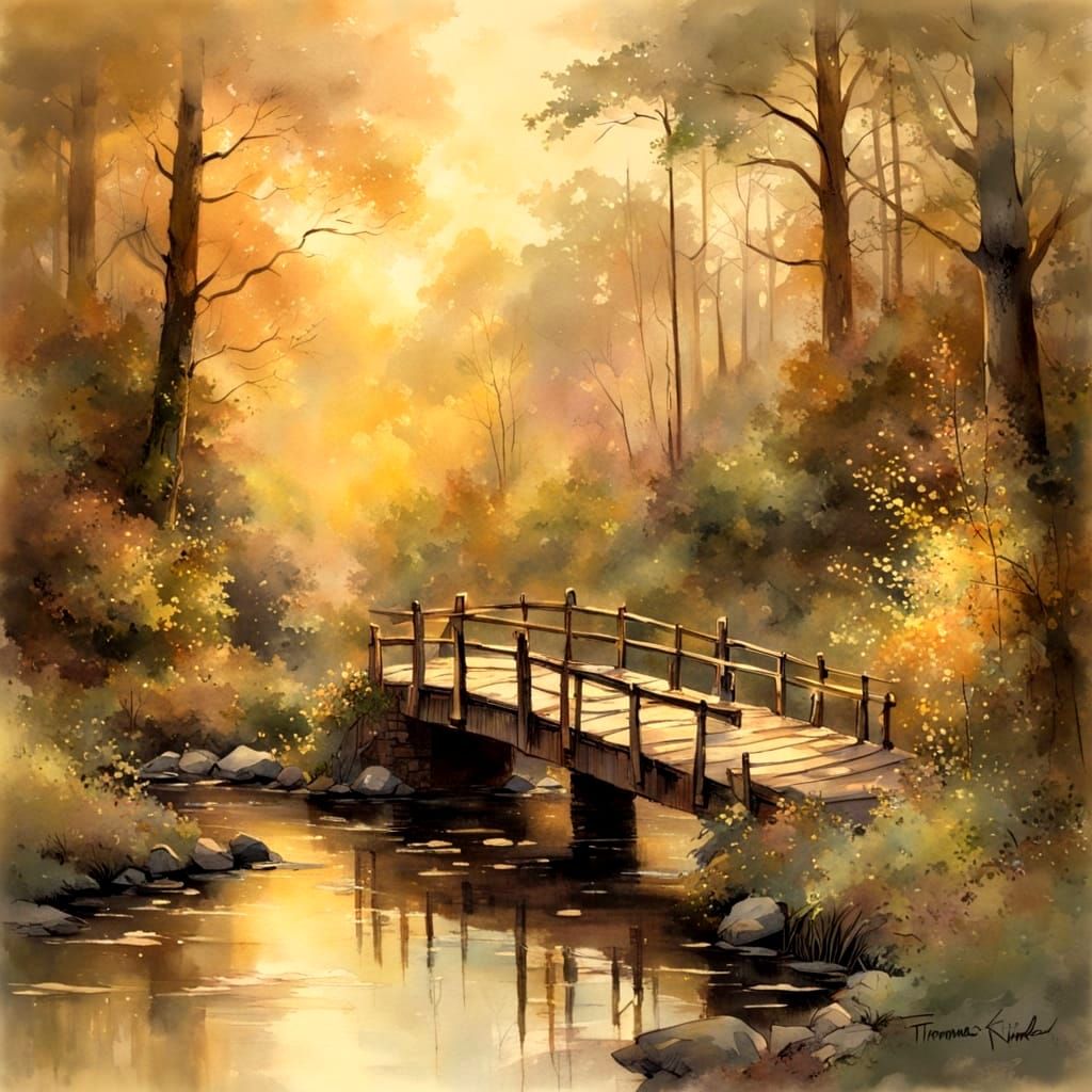 Dreamy Forest Bridge in Warm Golden Light