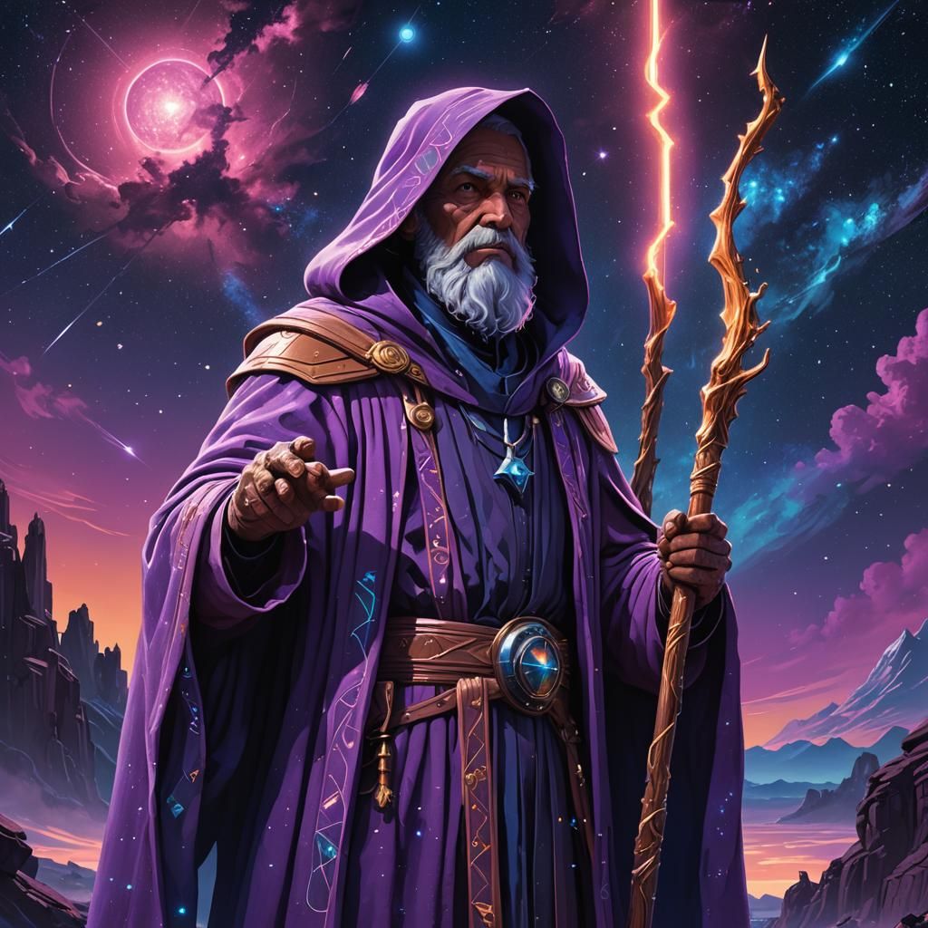 Space Wizard with Glowing Staff in Fantasy Art Style