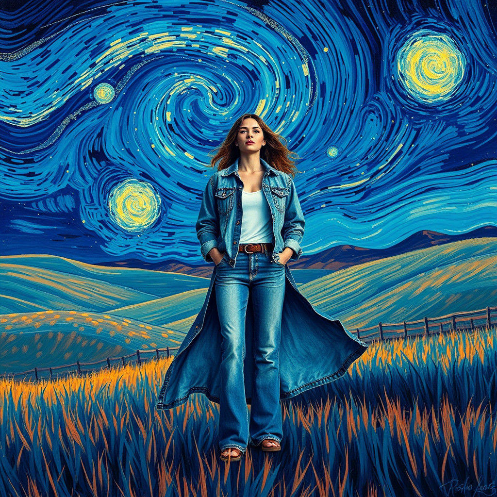 Denim Woman in Starry Landscape, Post-Impressionist Style