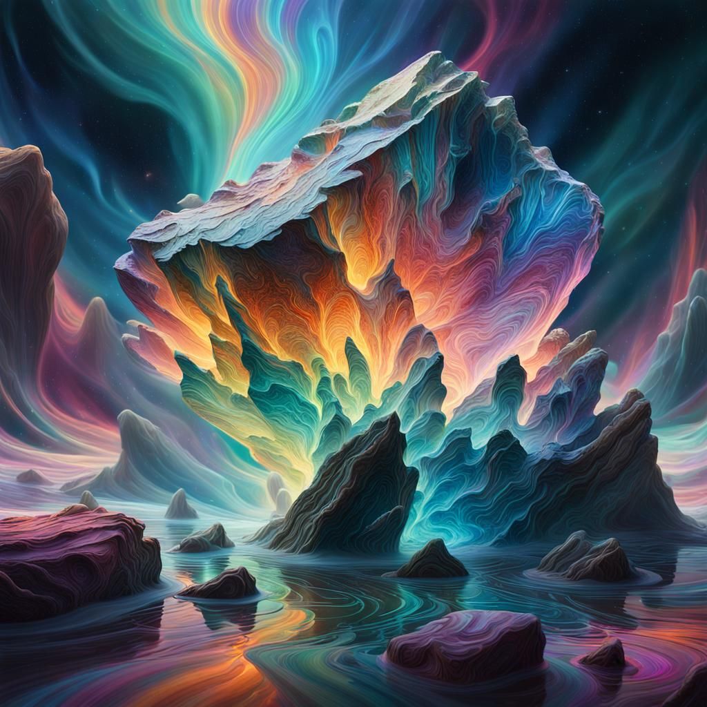 Vibrant, Dreamlike Crystal Rock in Swirling Vortex of Colors