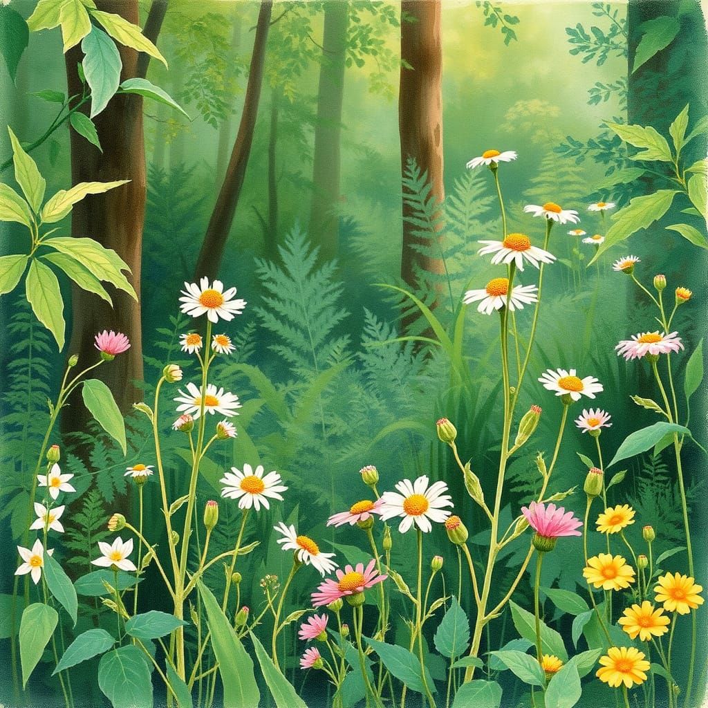 Delicate Wildflowers in Lush Forest: Watercolor Art