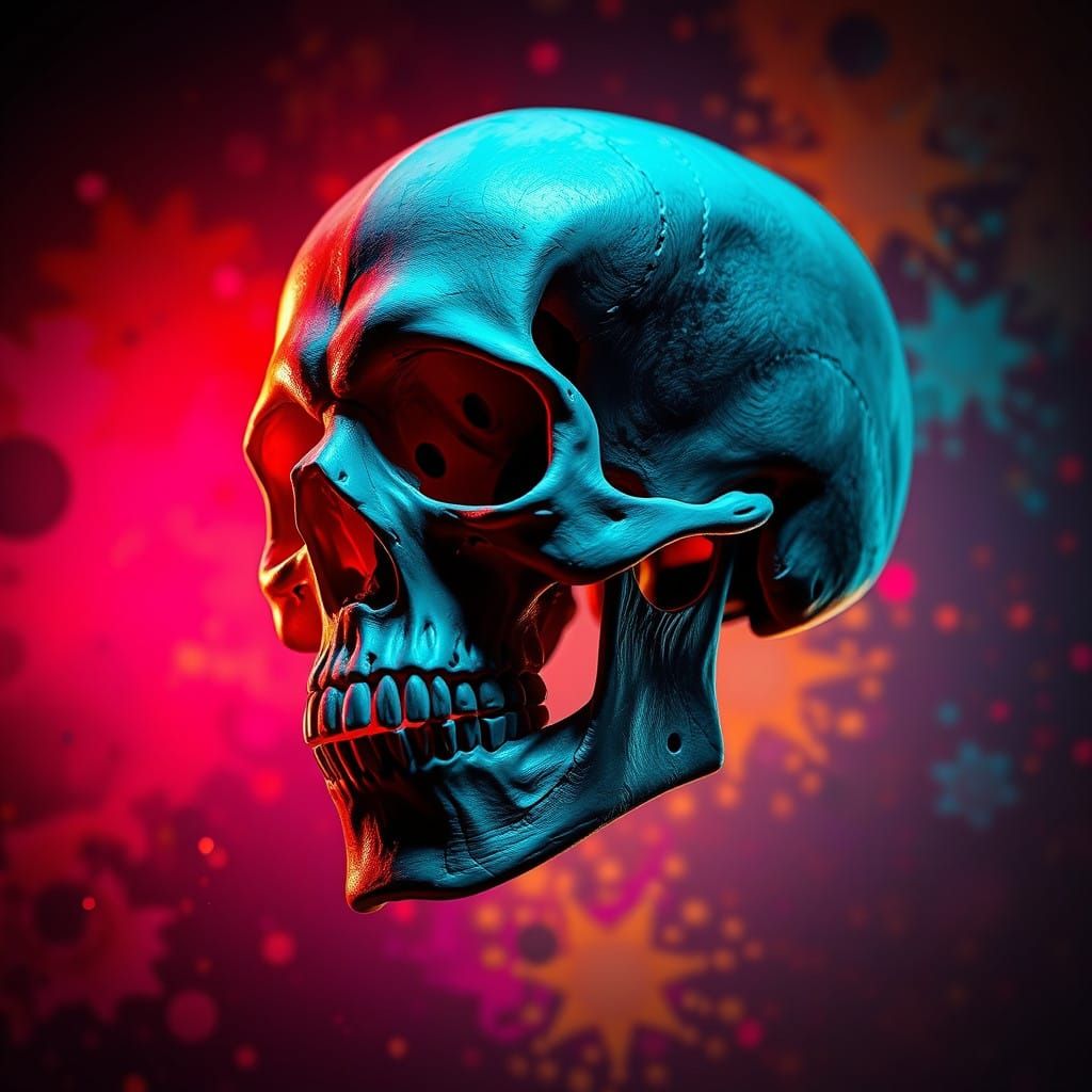 Hyperrealistic Skull in Vibrant Futuristic Background