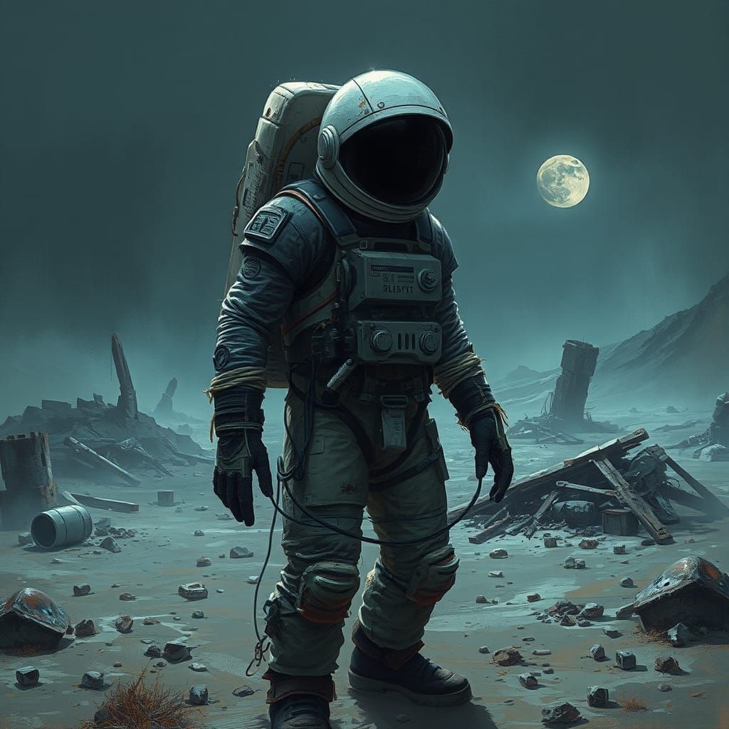 Decaying Astronaut in Post-Apocalyptic Lunar Landscape