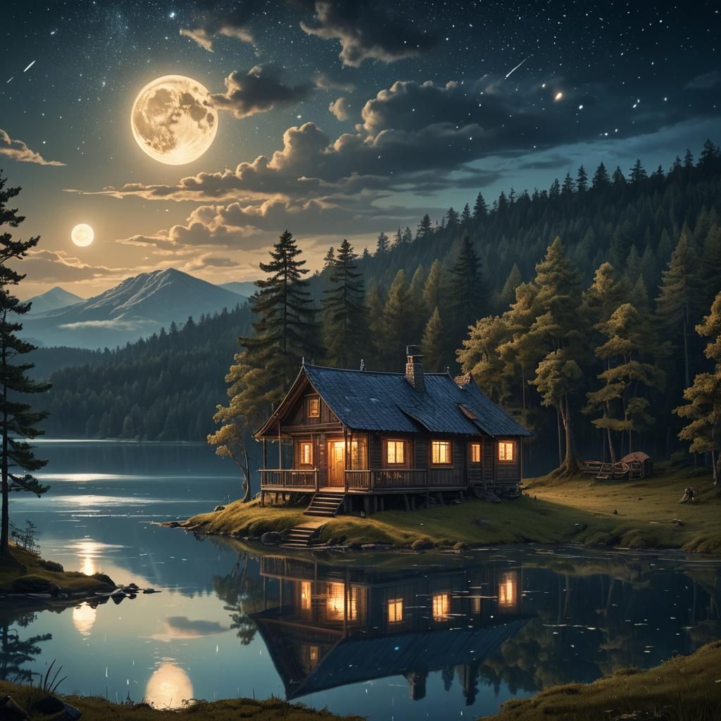 Wooden House Under Moonlight: Fantasy Digital Painting