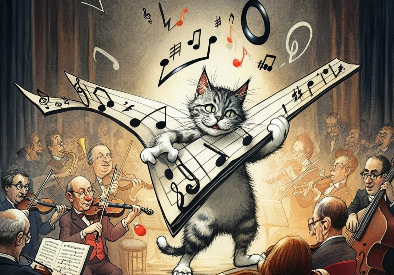 Whimsical Jazz Cat in Exaggerated Ink Caricature Style