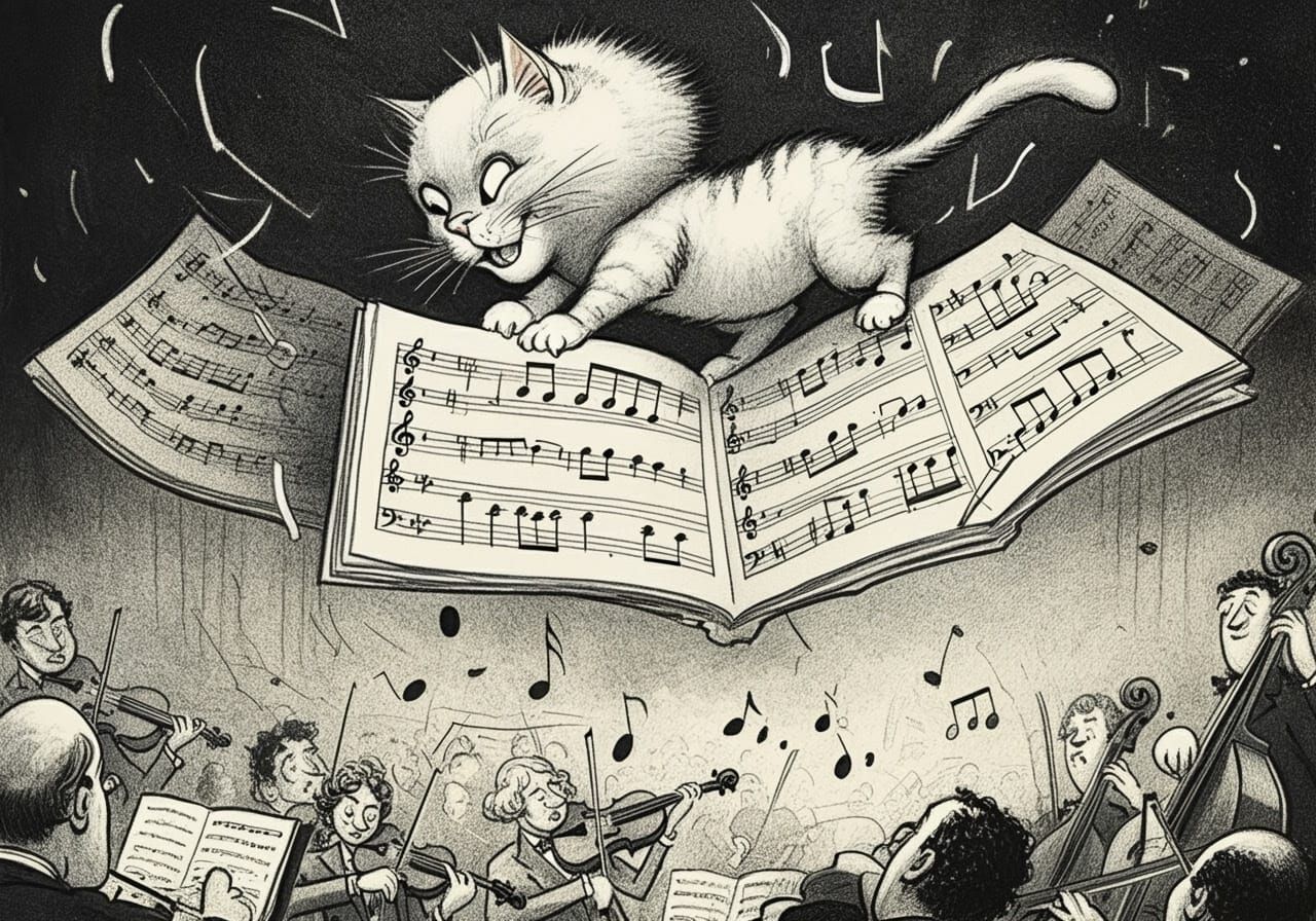 Whimsical Cat Amongst Swirling Sheet Music