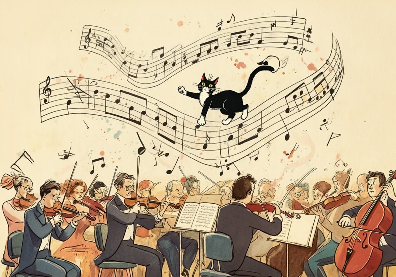 Orchestral Joy with Mischievous Feline Interloper in Whimsic...