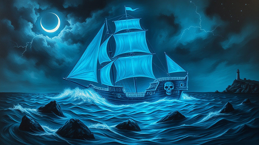Ghostly Ship Drifts through Haunting Seascape in Surreal, Cy...