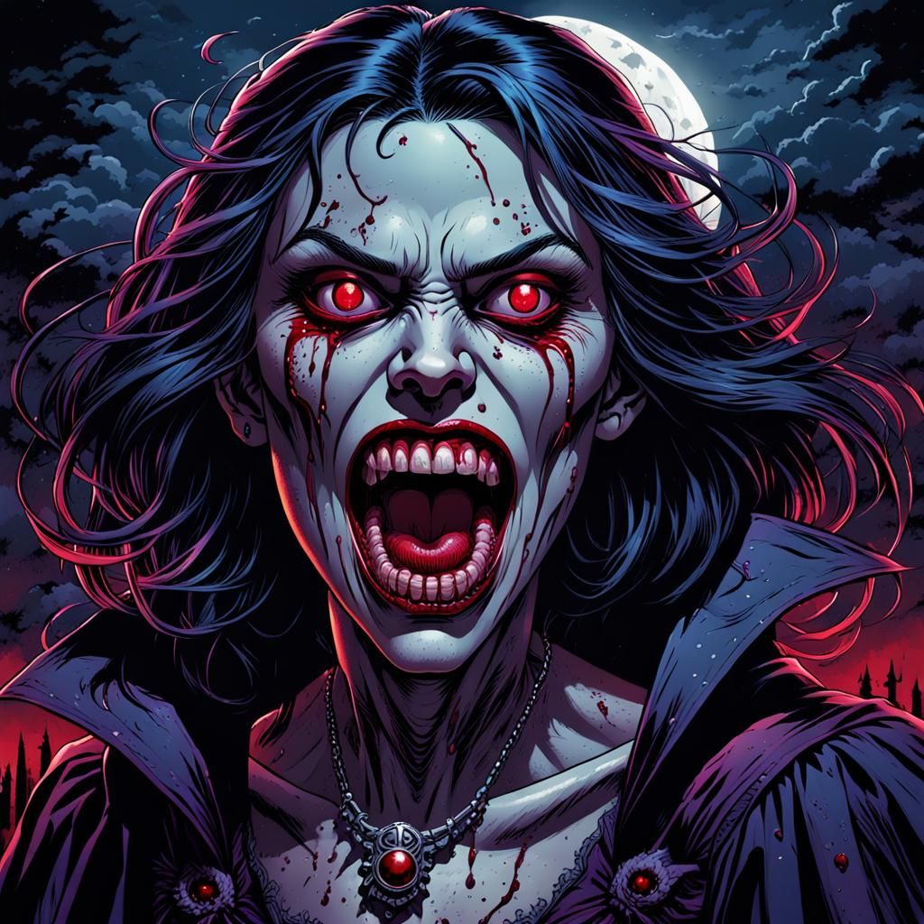 A female vampire with too many teeth ((open mouth)) scary, red eyes, dark night, moonlight and shadows, horrifying, auda...