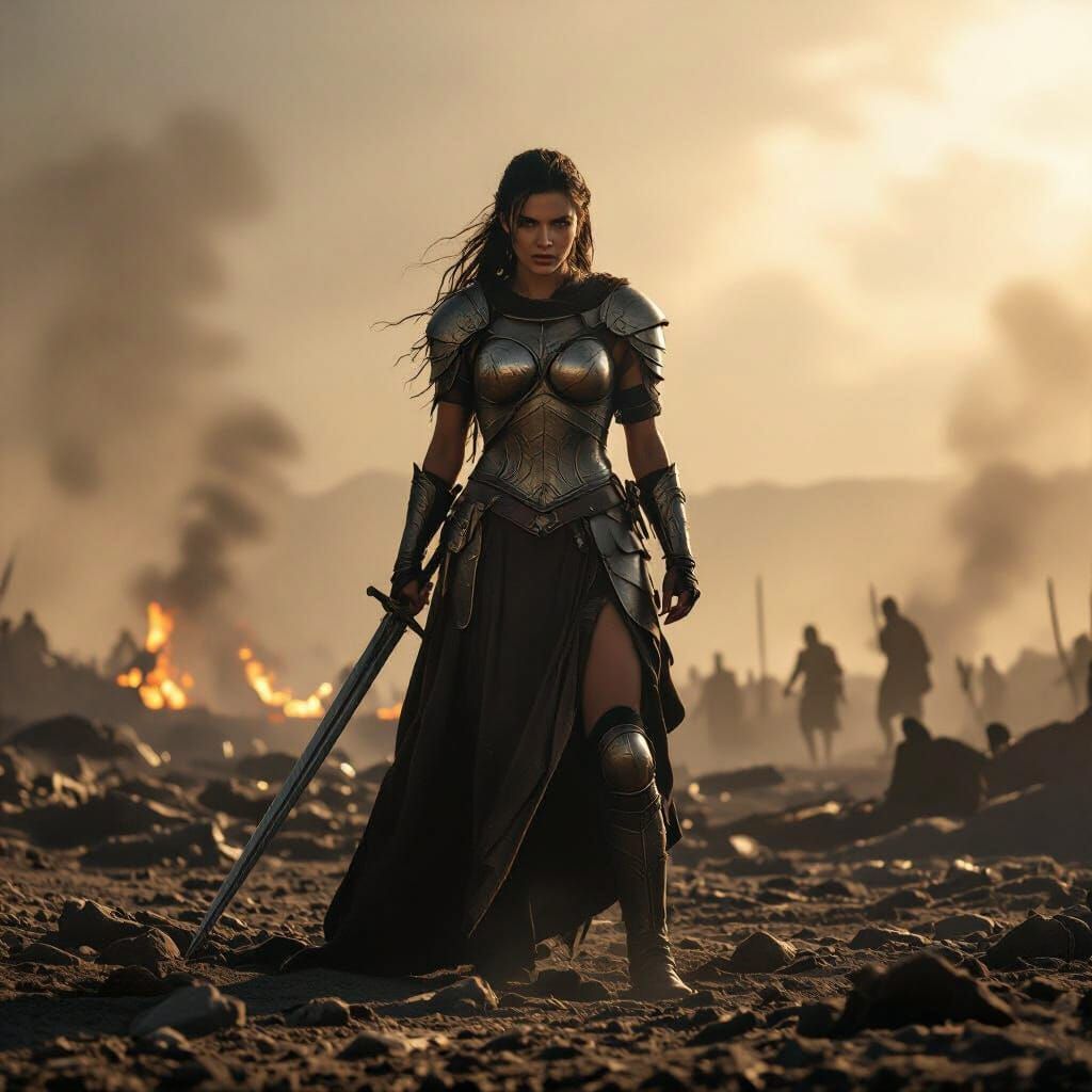 Armored Warrior Princess on Battlefield in Cinematic Style