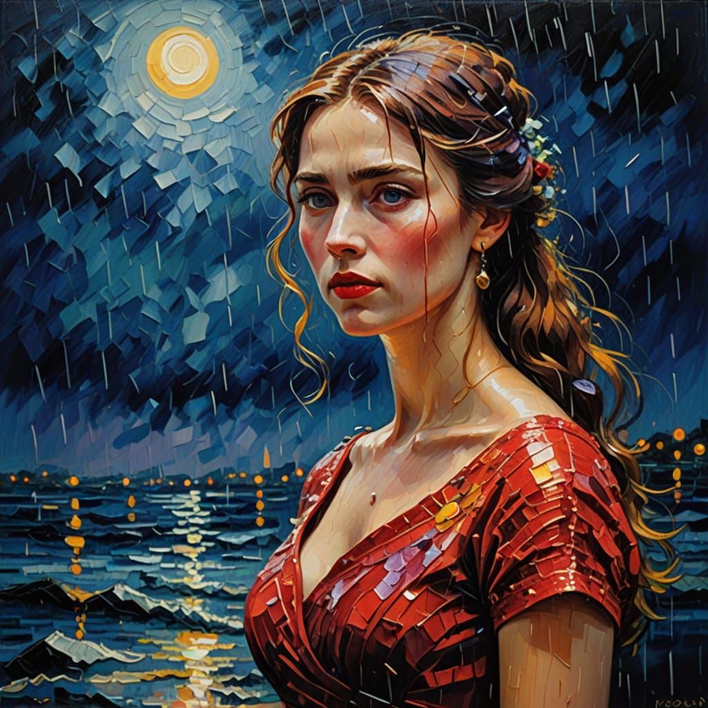 Neo-Impressionist Lady in the Rain