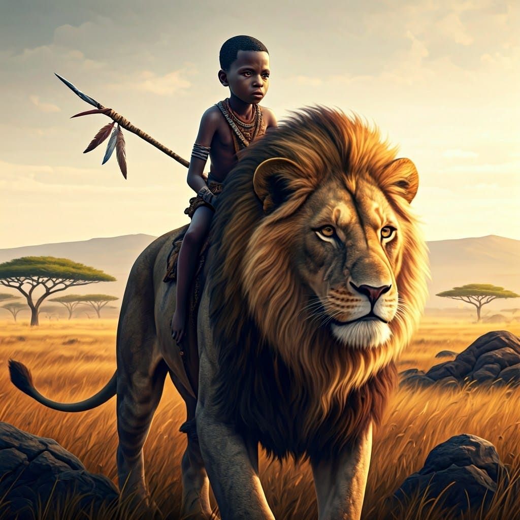 Young Boy Rides Majestic Lion Across African Savannah