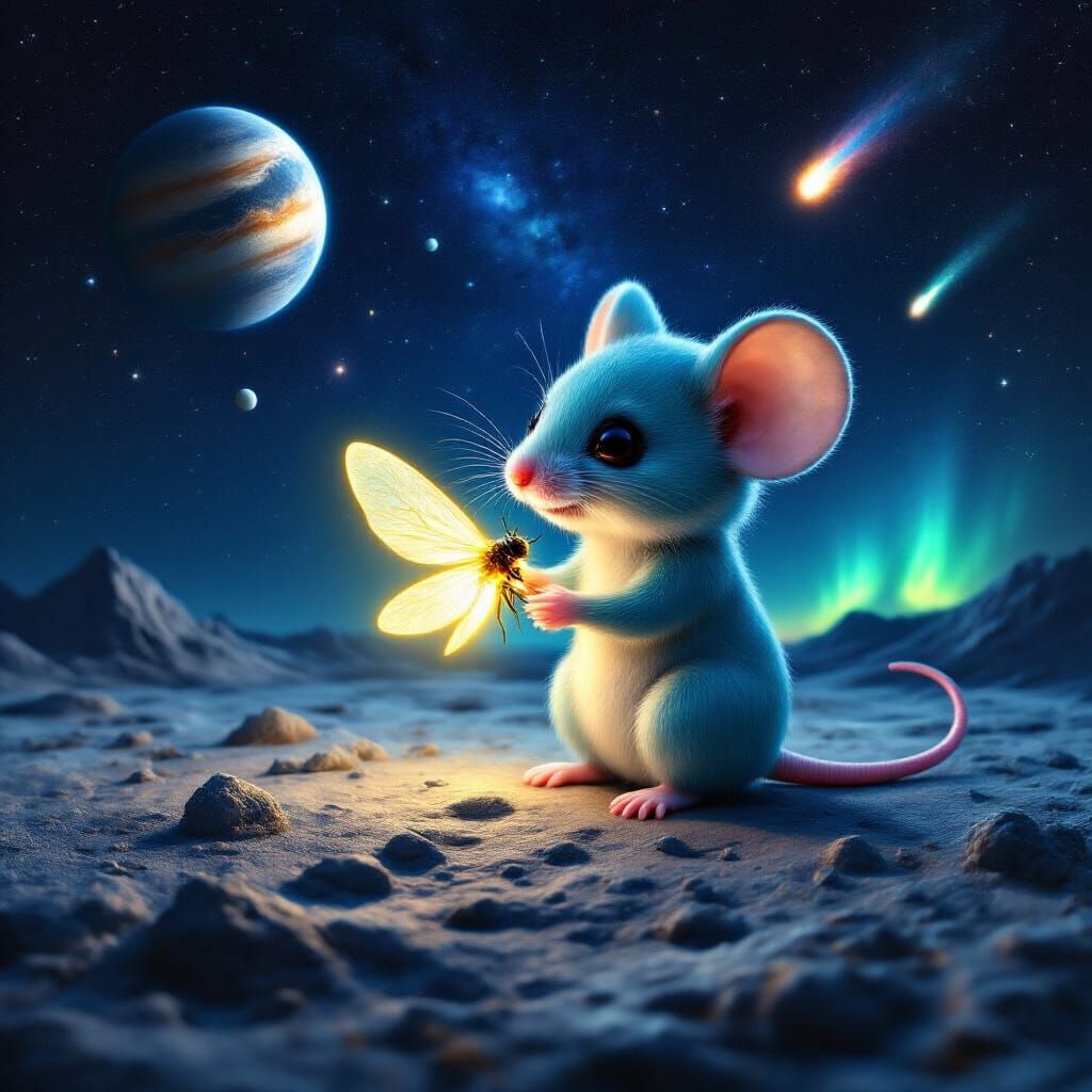 Aqua Chibi Mouse with Firefly on Moon