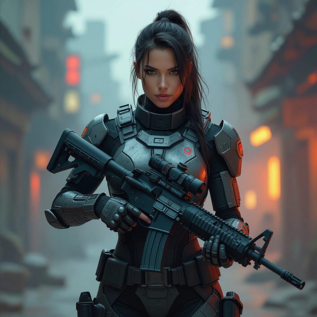 Cyborg Warrior in Dystopian Landscape, Matte Painting Style