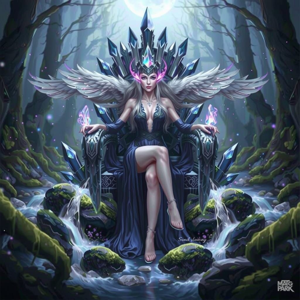 Crystal-Crowned Sorceress on Crystal Throne in Moonlit Fores...