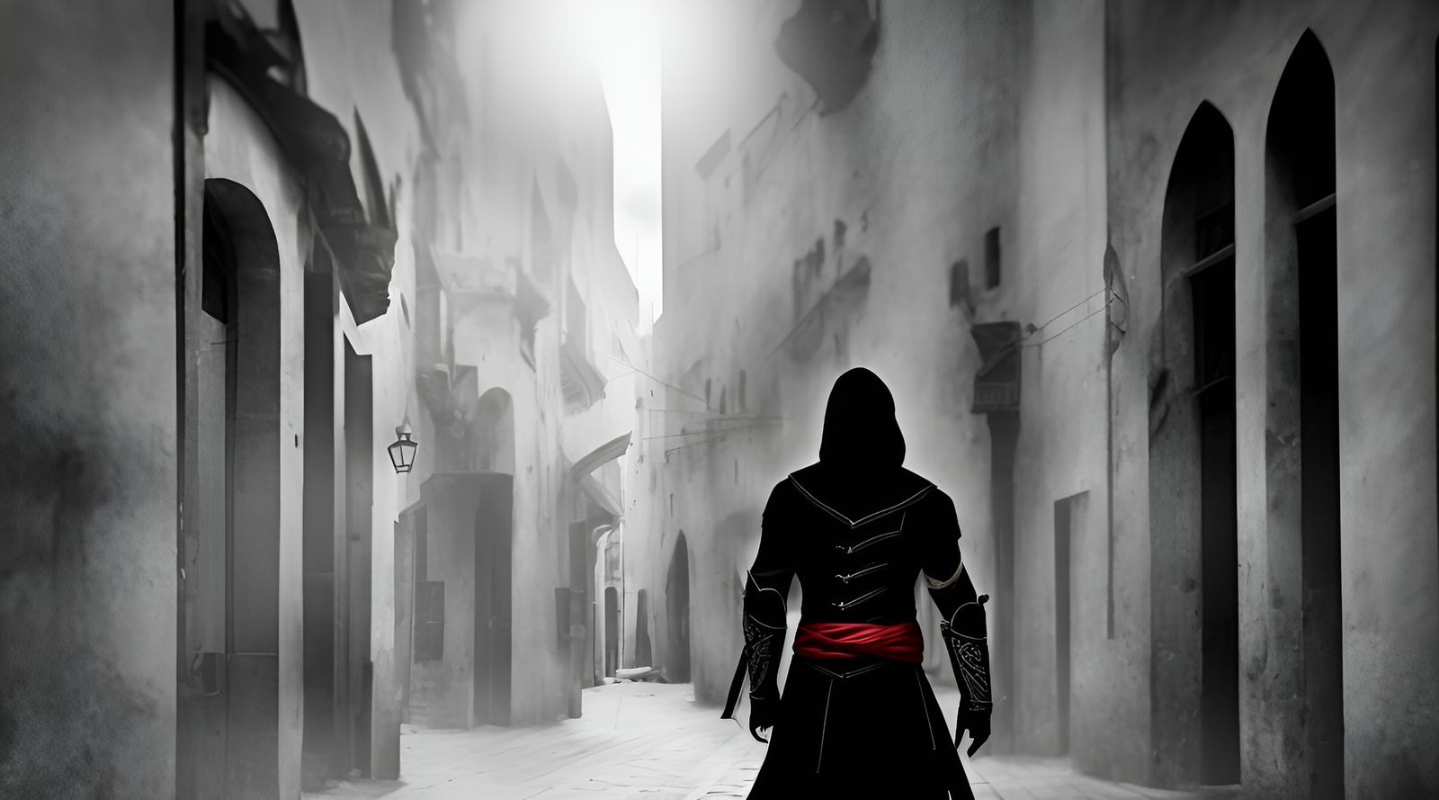 Ezio Auditore Leaping Through Arabic City in Noir Style