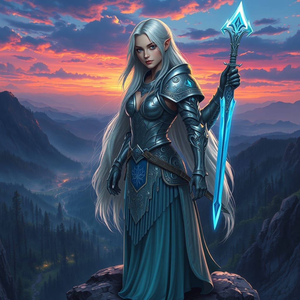 Female Warrior Overlooking Mystical Forest in Digital Painti...