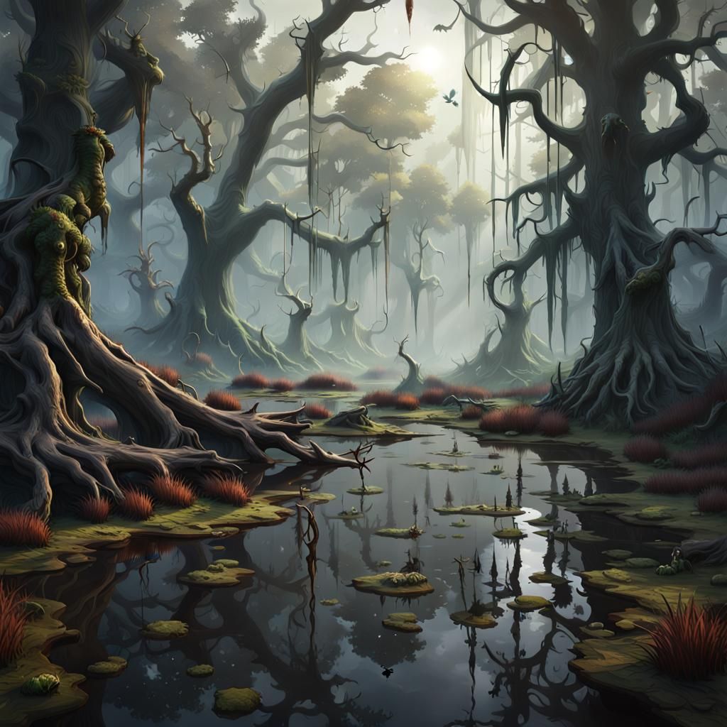 Eerie Swamp Interior in Dark Fantasy Style