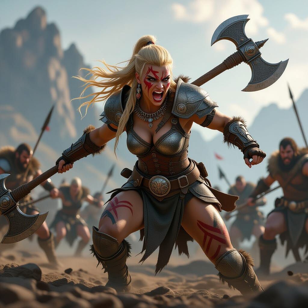 Barbarian Woman Charging into Battle in 3D Cinematic Style