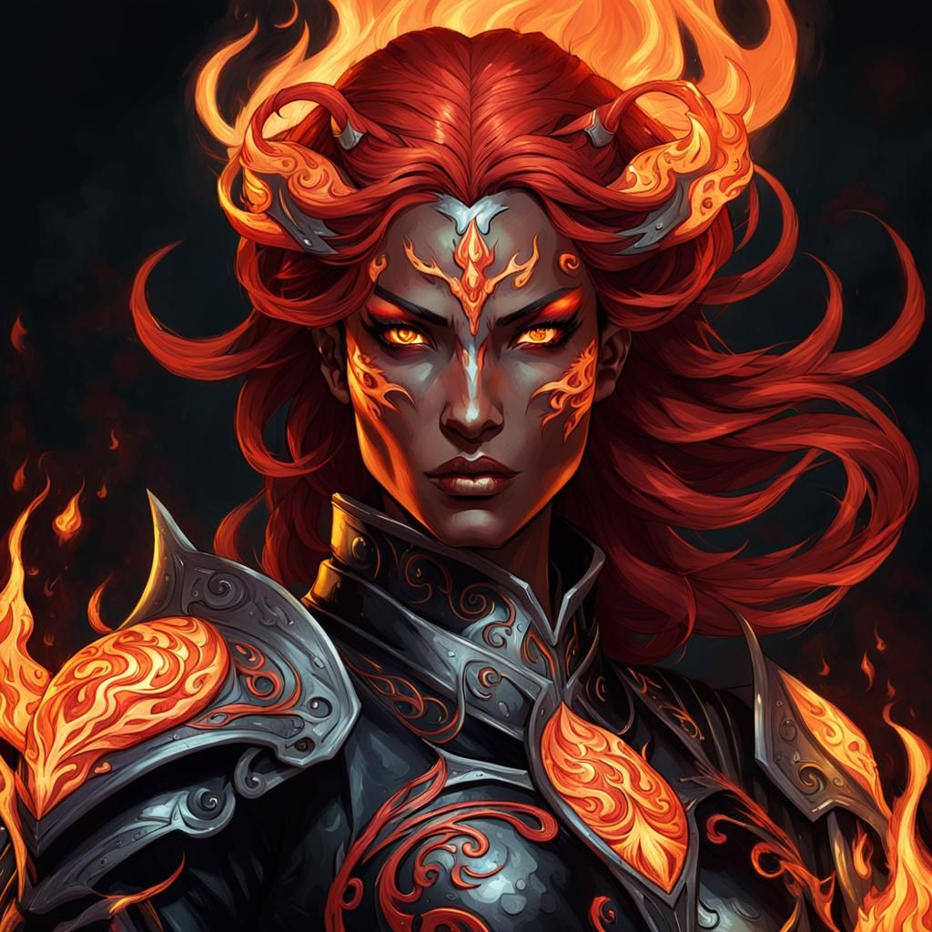 Female Fire Genasi in Art Nouveau Style