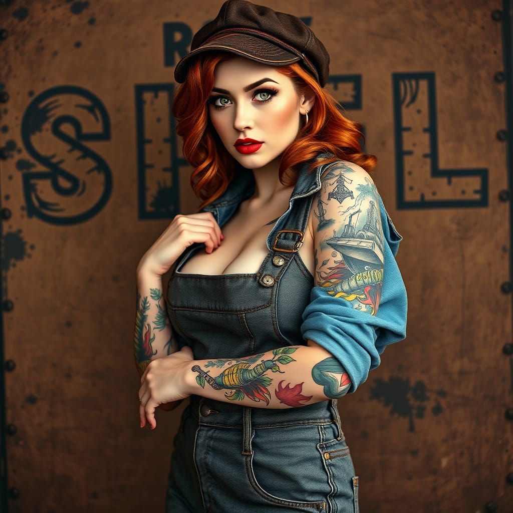 Vintage Pin-Up Girl in Coal Miner's Attire with Hand-Drawn T...