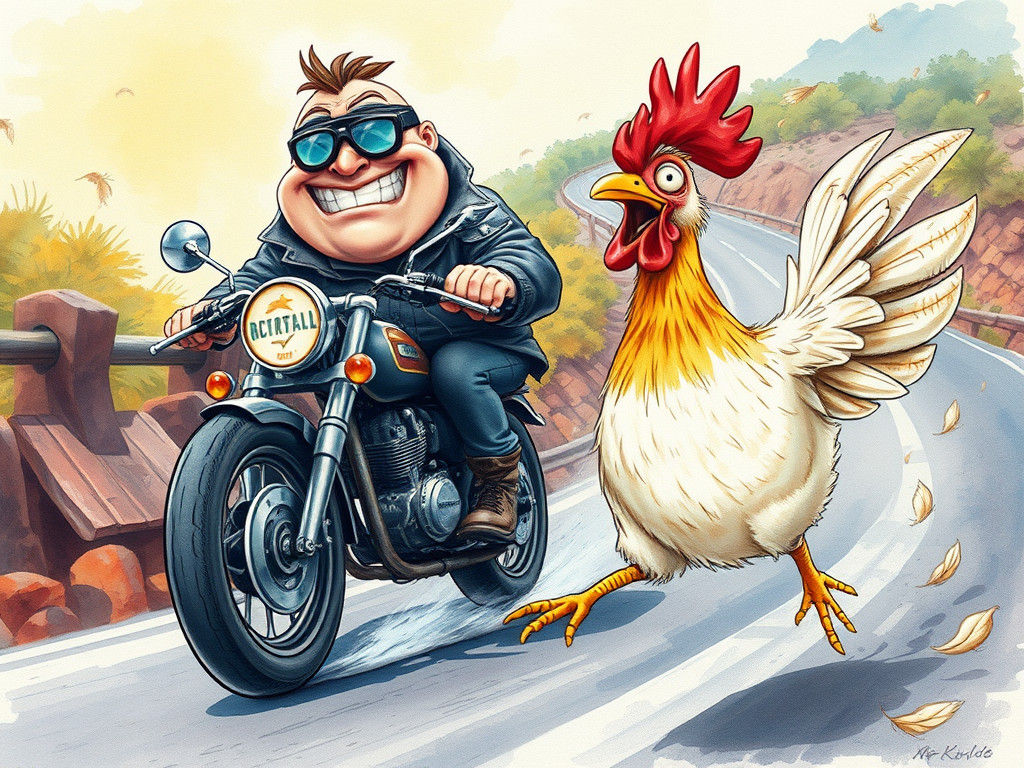 Motorcycle Driver and Chicken in Manga Watercolor