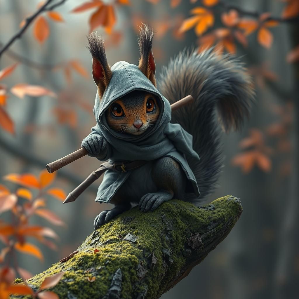 Ninja Squirrel in Autumnal Forest: 3D Anime Art