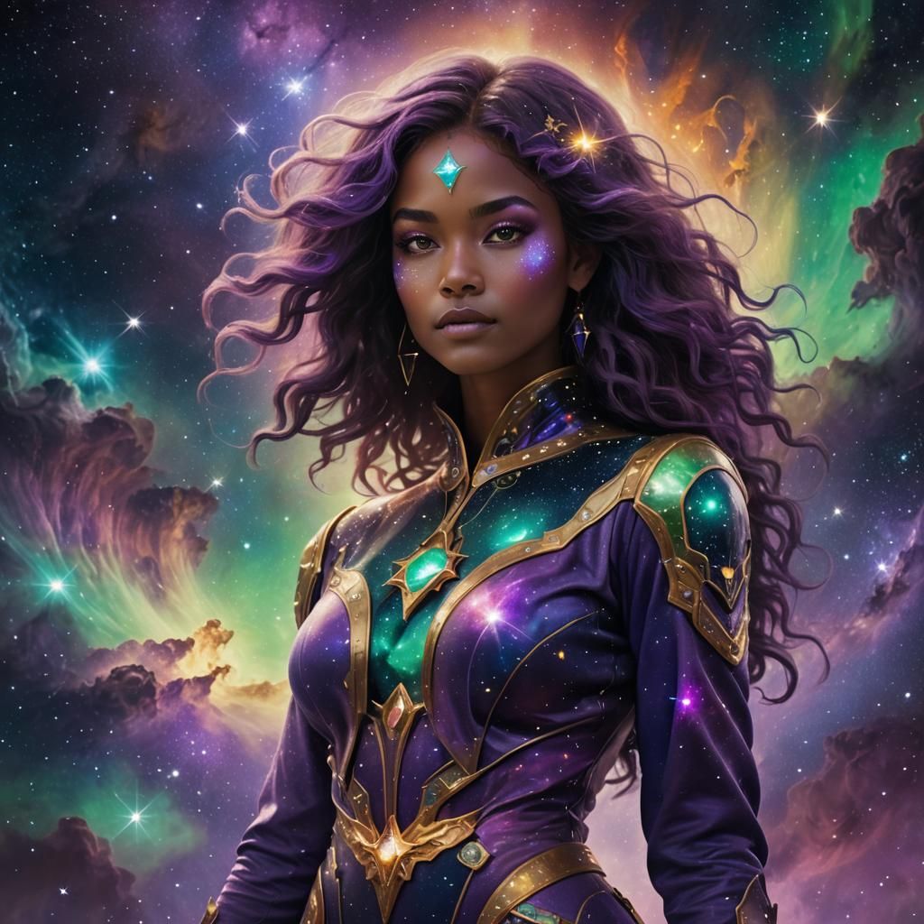 Cosmic Supermodel in Nebula, Surreal Fantasy Art