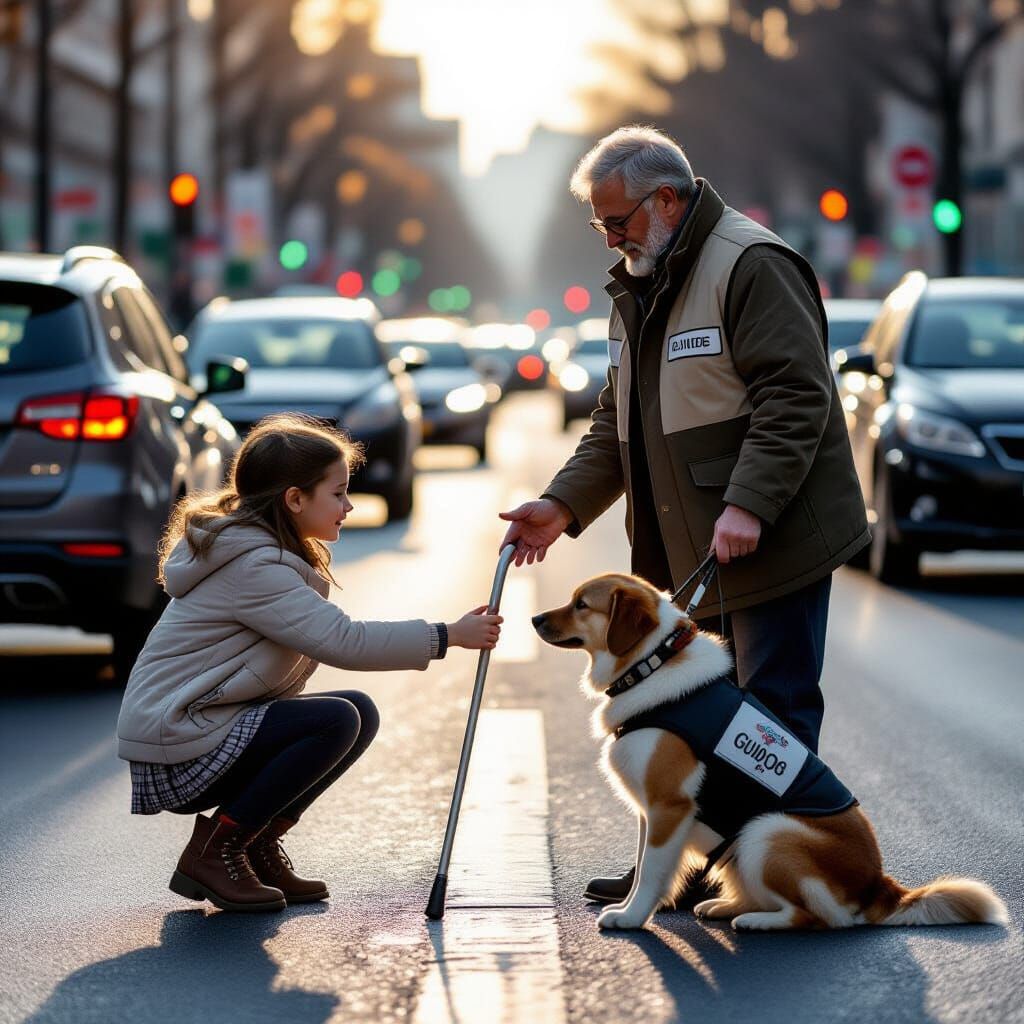 Compassionate Girl Helps Blind Man with Cane in Urban Scene