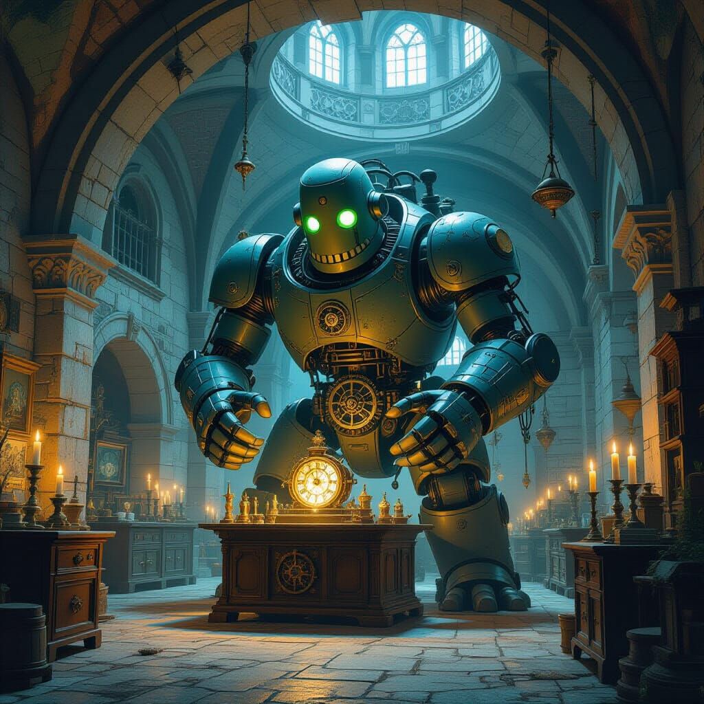 Golem Crafts Automatons in Prague Castle, Steampunk Style