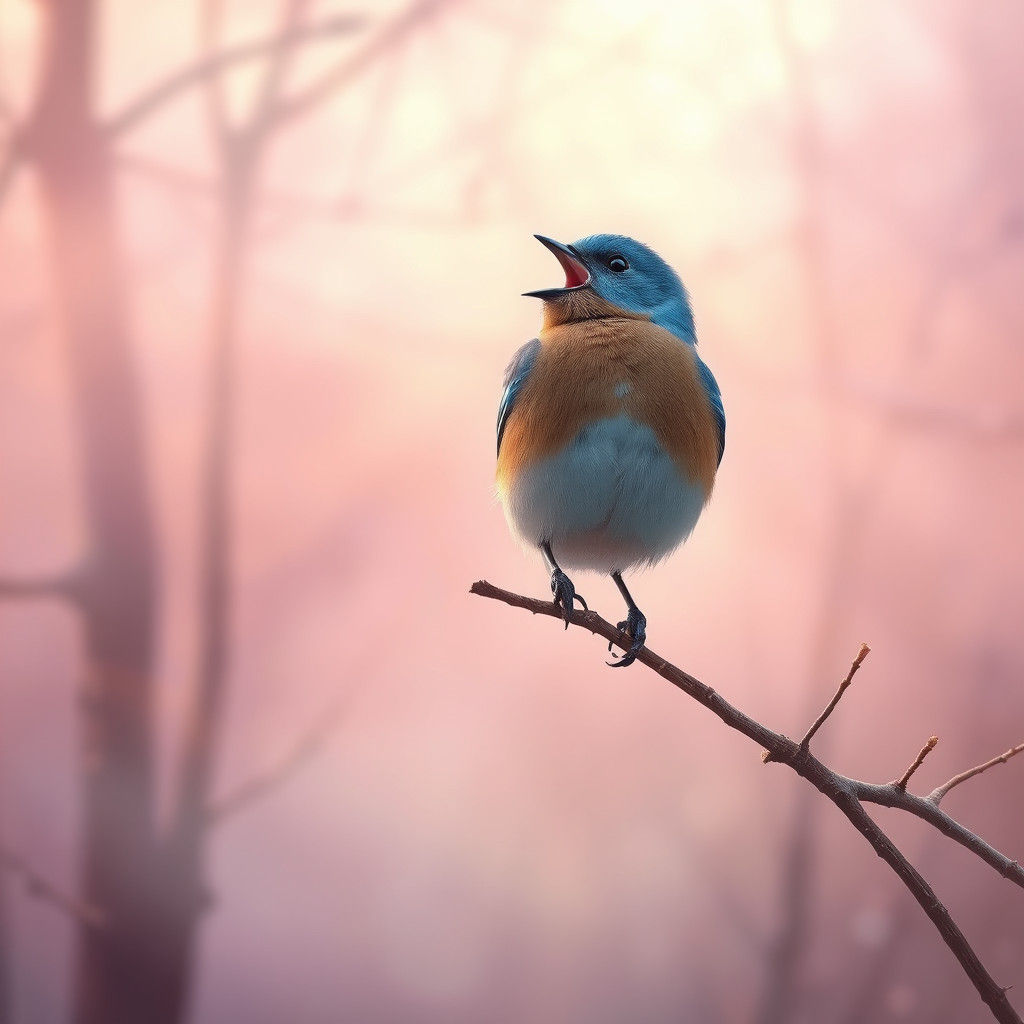 Bluebird's Serenade in Misty Sunrise Landscape