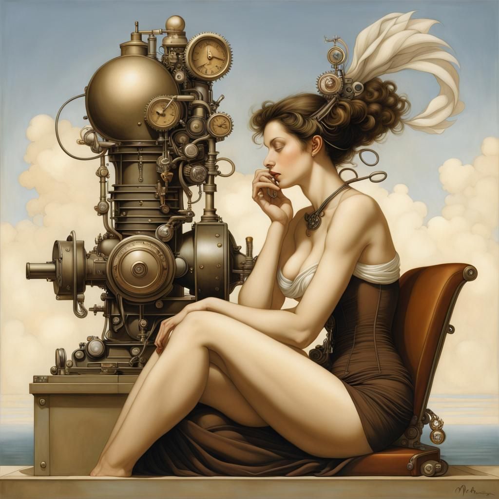 Pensive Figures Beside Steampunk Engine