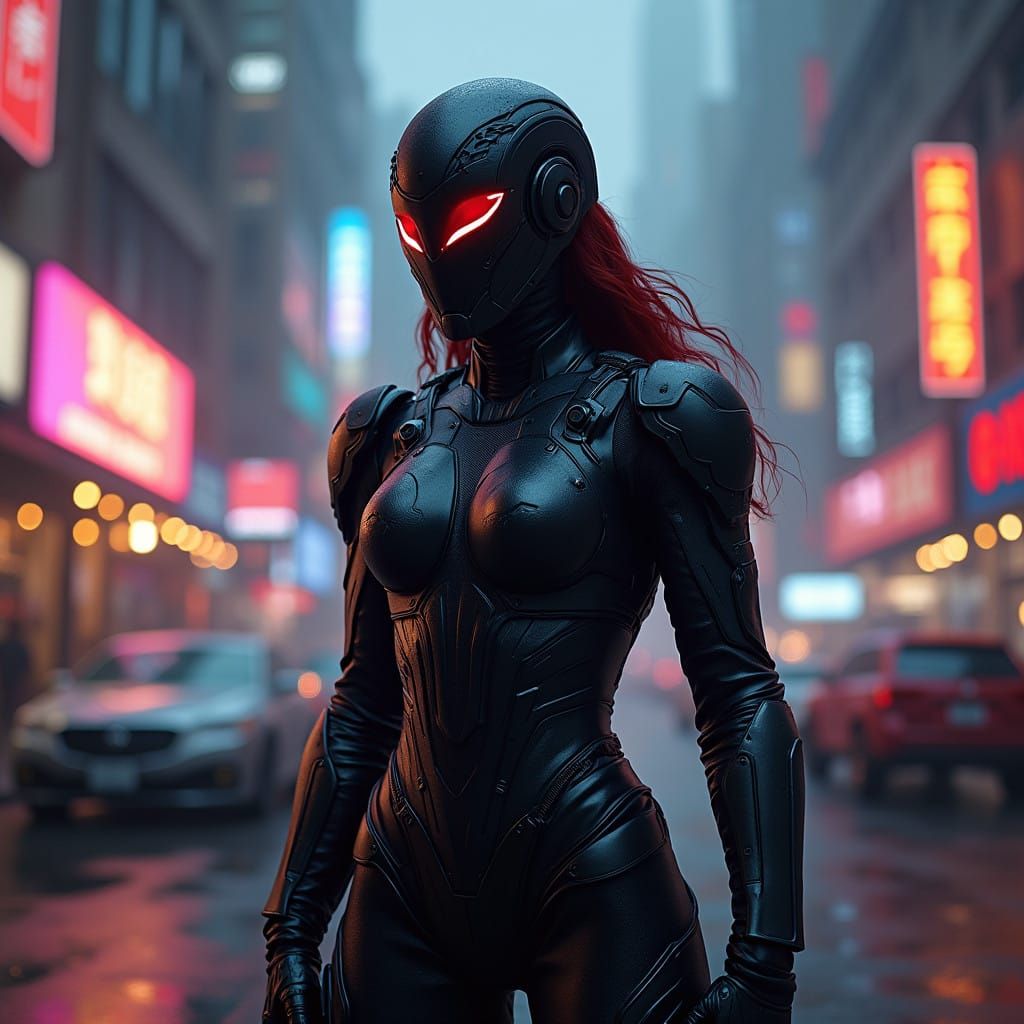 Gritty Cyberpunk Poster of a Lone Black Widow in Neon-Drench...