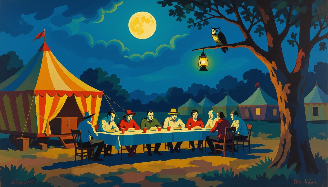 Circus Freaks' Night Feast: An Oil Painting