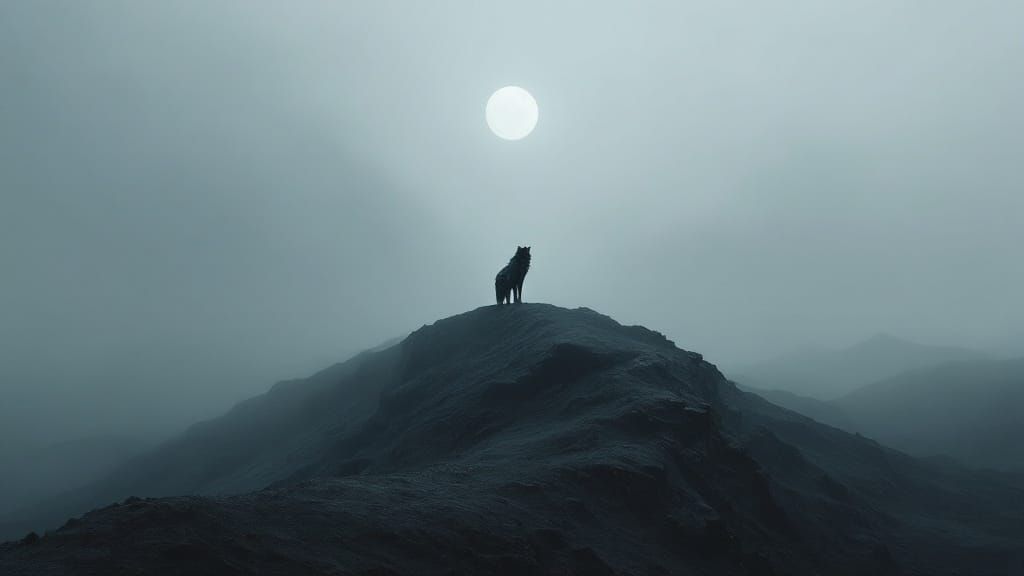 Lone Wolf on Barren Peak in Eerie Mist
