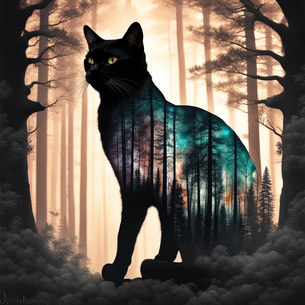 Mystical Cat Silhouette Double Exposure Art