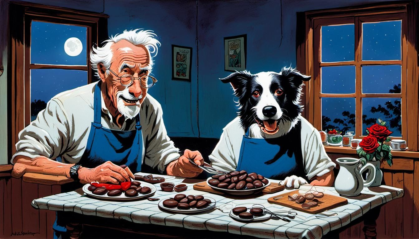 Humorous Old Man Cooking with Chocolates and Dogs