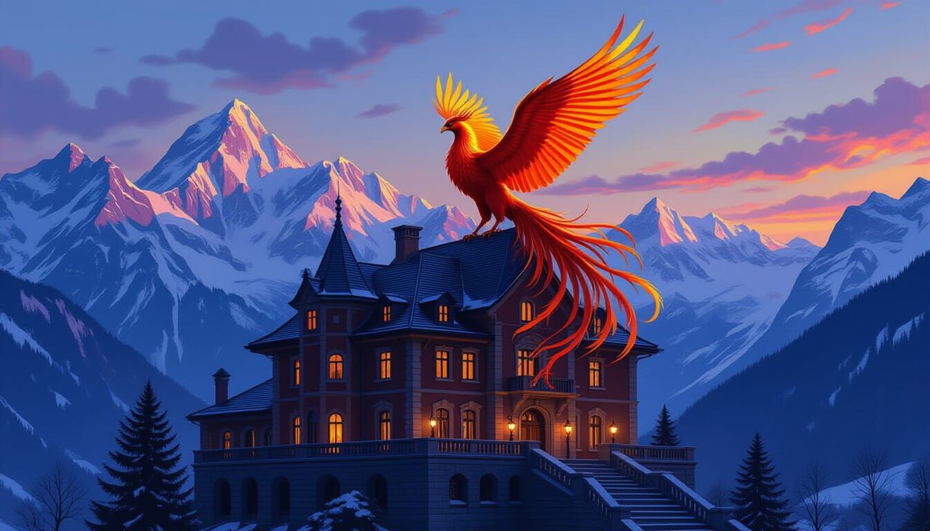Majestic Phoenix Above Swiss Alps Chateau in Impressionist S...