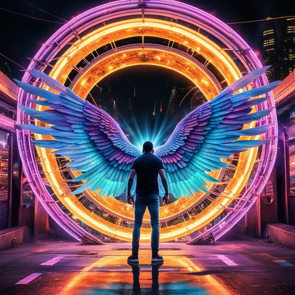 Winged Being Emerges from Neon Gateway