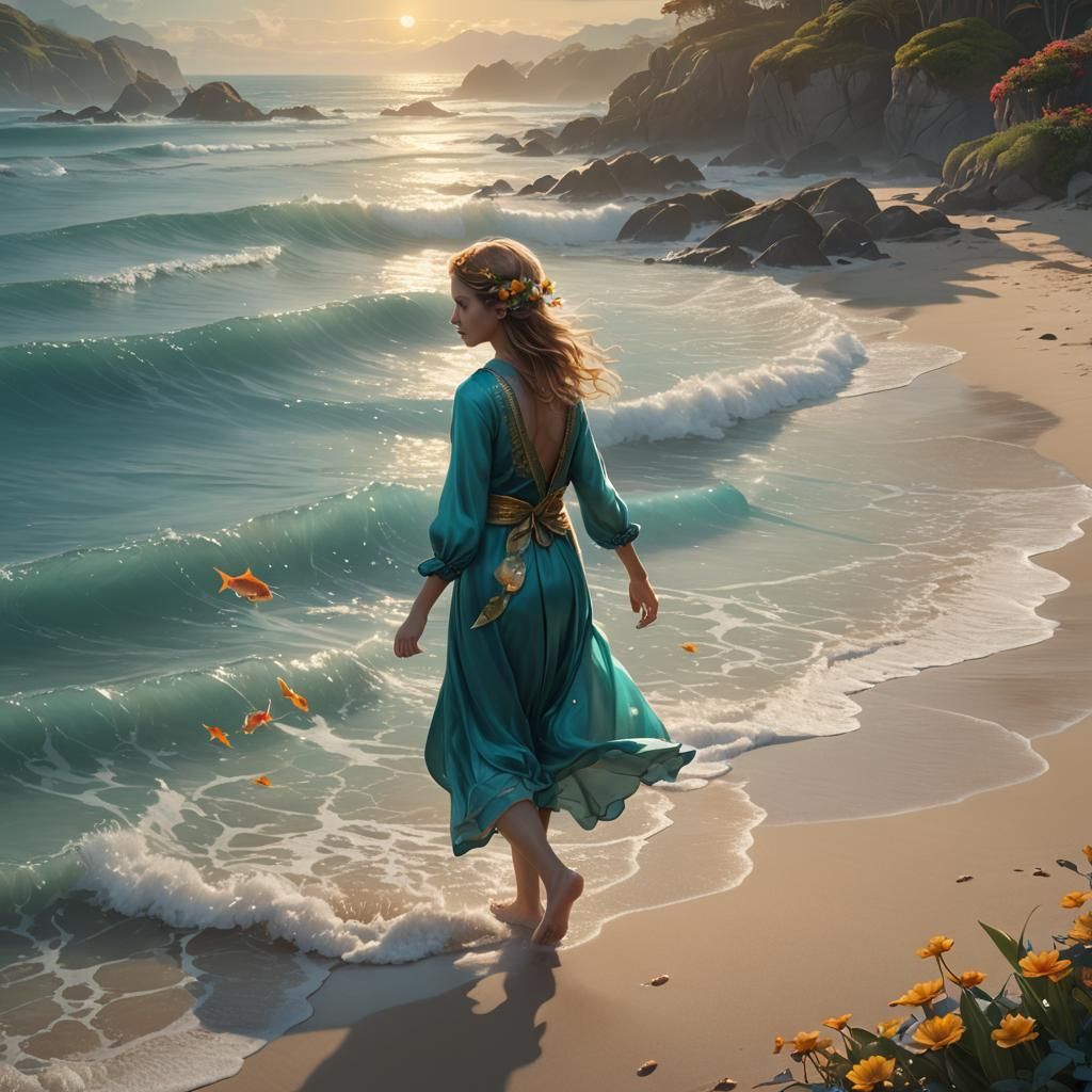Girl with Fish on Fantasy Beach in Turquoise and Gold