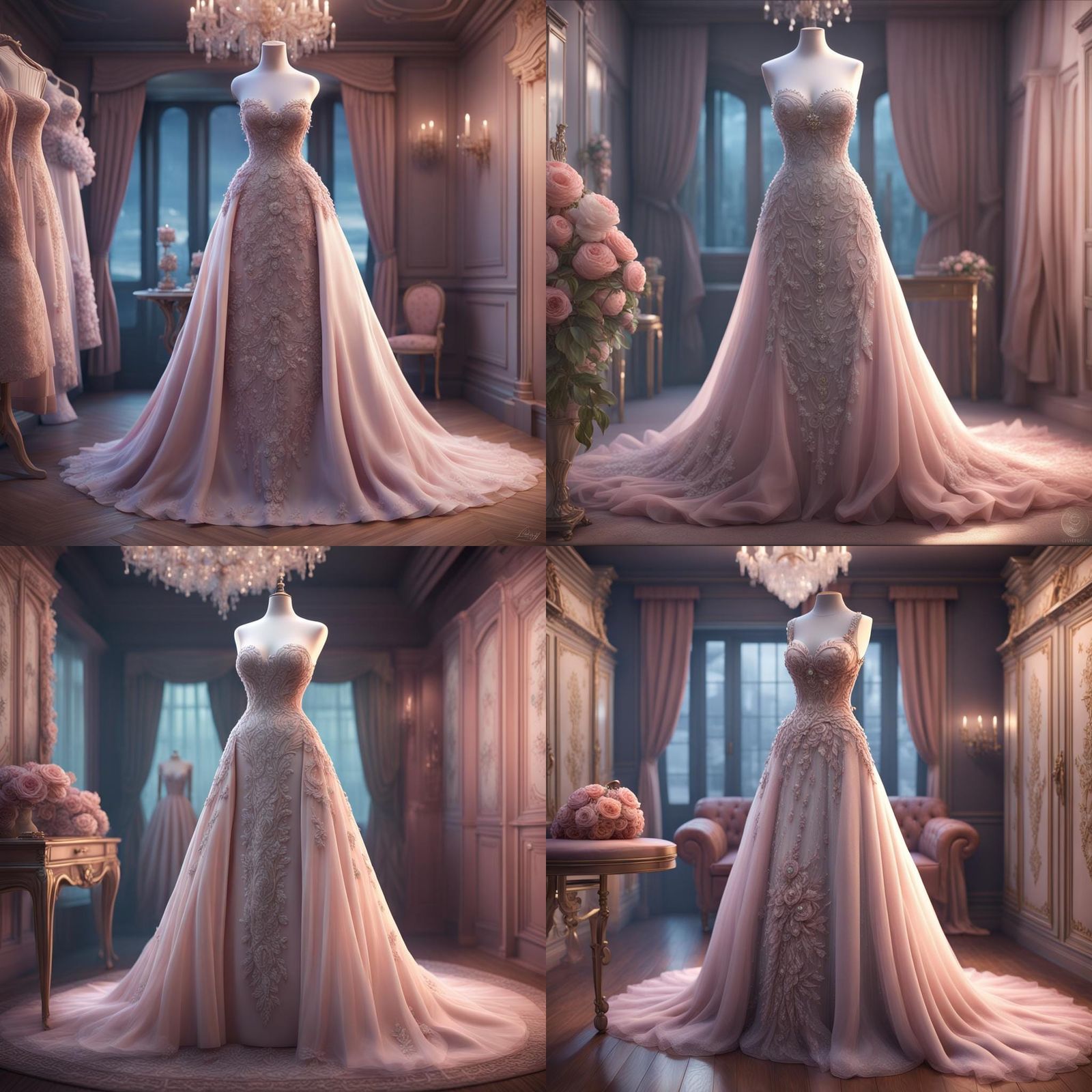 Pastel Wedding Dress with Diamonds, Detailed Matte Painting