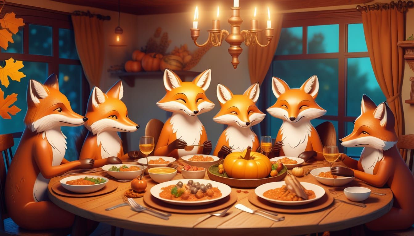 Fox Family Dinner: Whimsical Digital Art