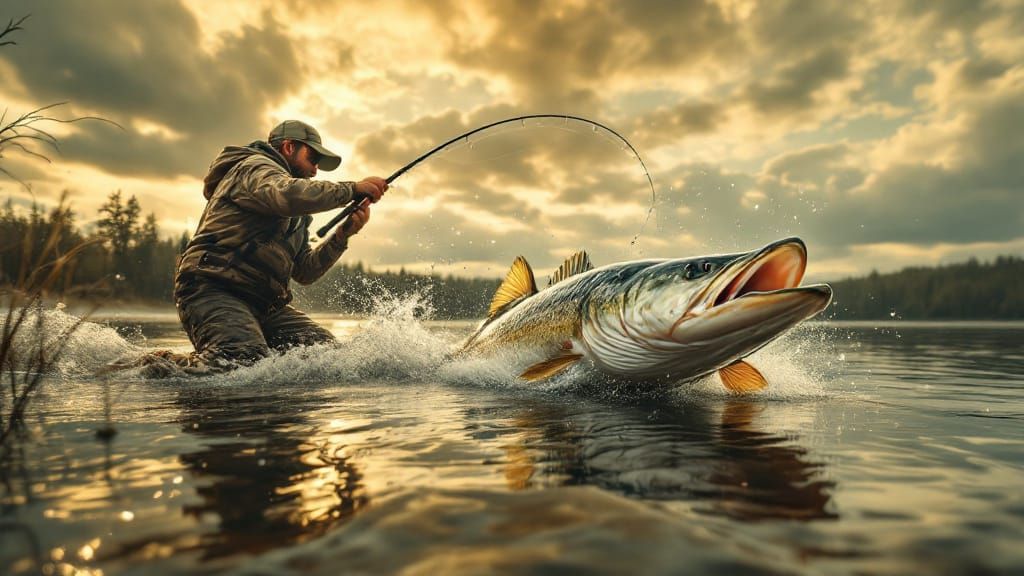 Angler Battles Muskie in Yellow and Brown Duotone