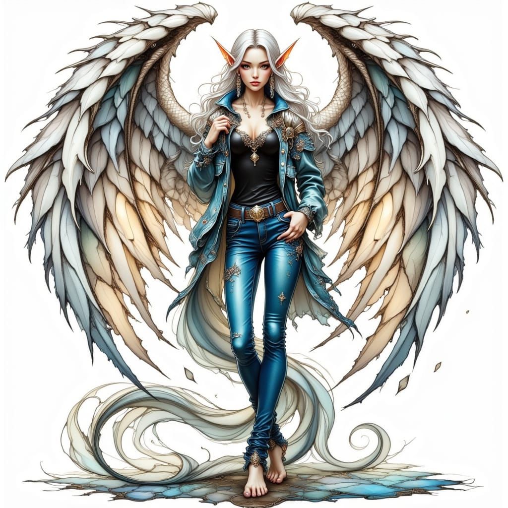 Dragon Elf Hybrid with Angel Wings in Modern Style