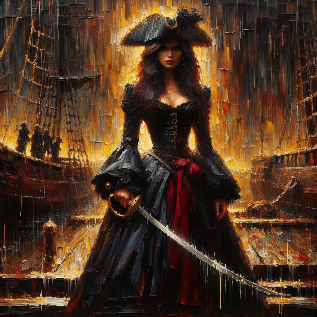 Pirate Woman in Rain, Oil Painting with Rough Textures
