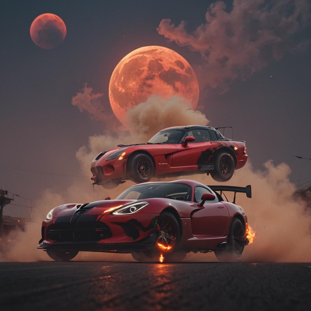 Fiery Dodge Viper Races Under Red Moon