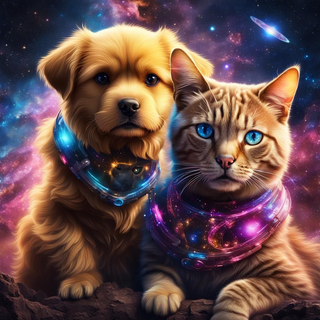 Dog and Cat in Galaxy: Fantasy Concept Art