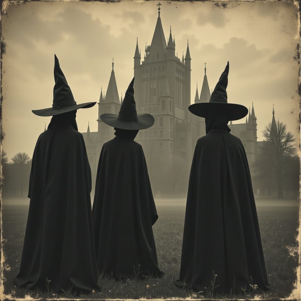 Witches Gaze Upon Gothic Castle in Antique Photo