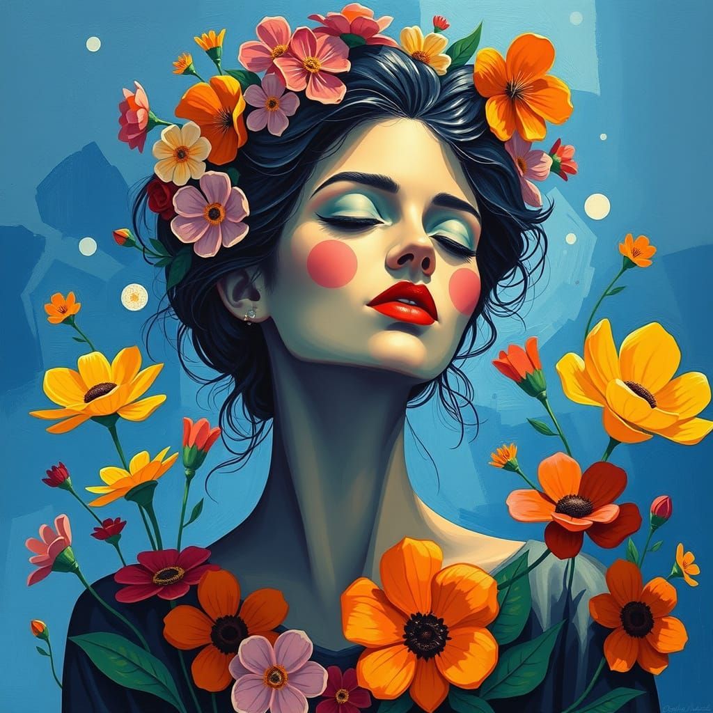 Smiling Person Building with Blocks in Naive Art Style