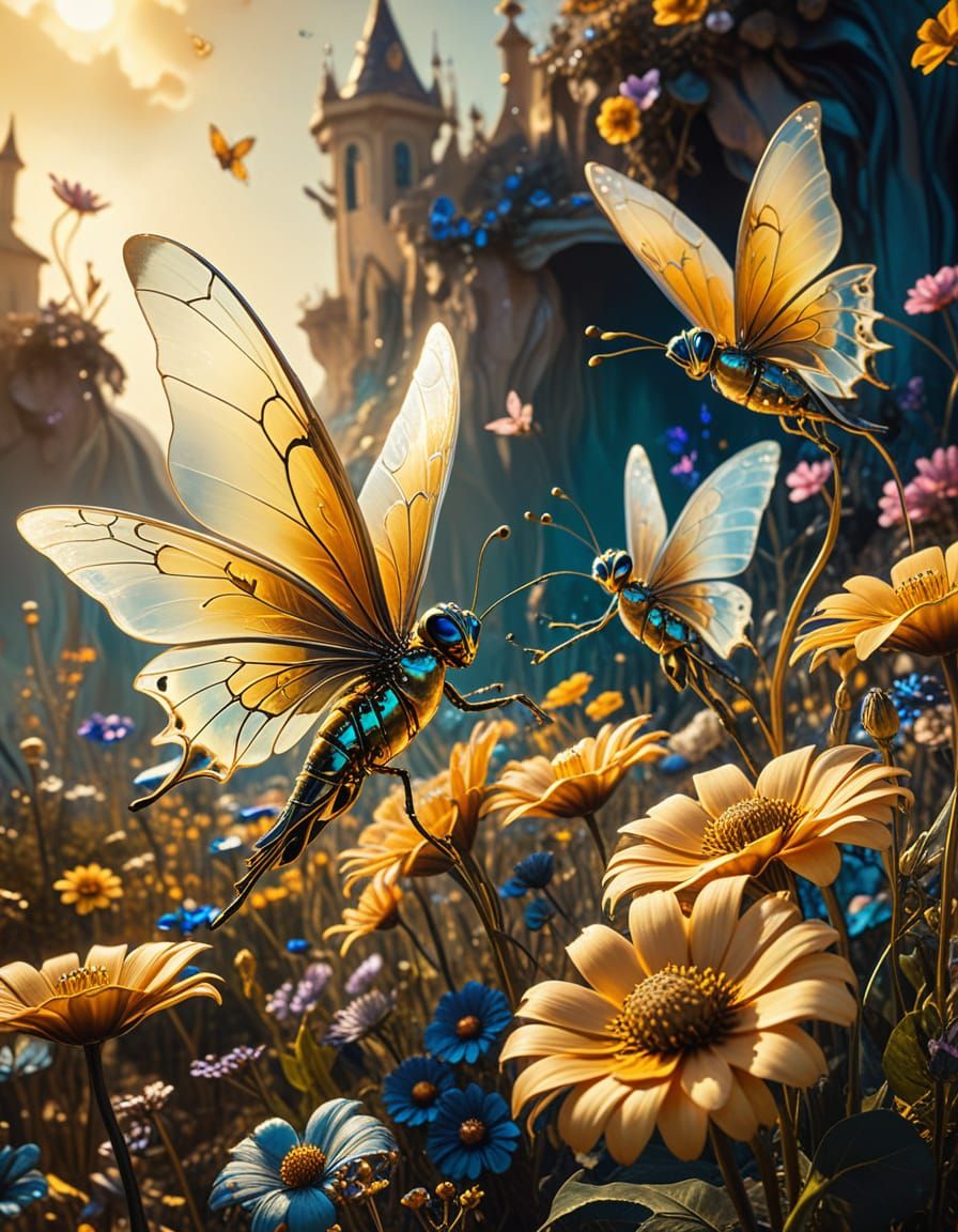 Fantasy Micro-World with Oversized Flowers in Oil Painting